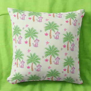 Preppy Pink Monkey Tropical Flower Cushion