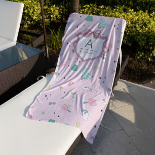 Preppy Pink Monogram Pickleball Gift for Her Beach Towel