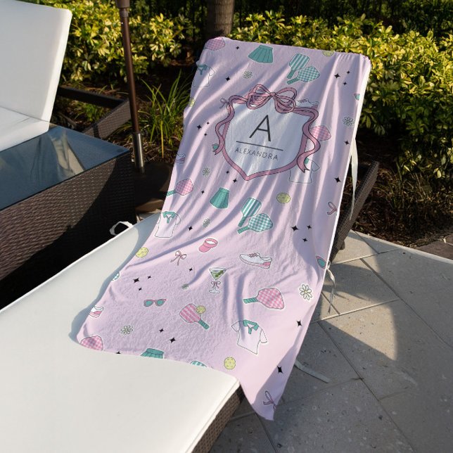 Preppy Pink Monogram Pickleball Gift for Her Beach Towel (Creator Uploaded)