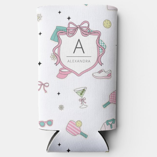 Preppy Pink Monogram Pickleball Gift for Her Seltzer Can Cooler (Front)