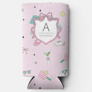 Preppy Pink Monogram Pickleball Gift for Her Seltzer Can Cooler