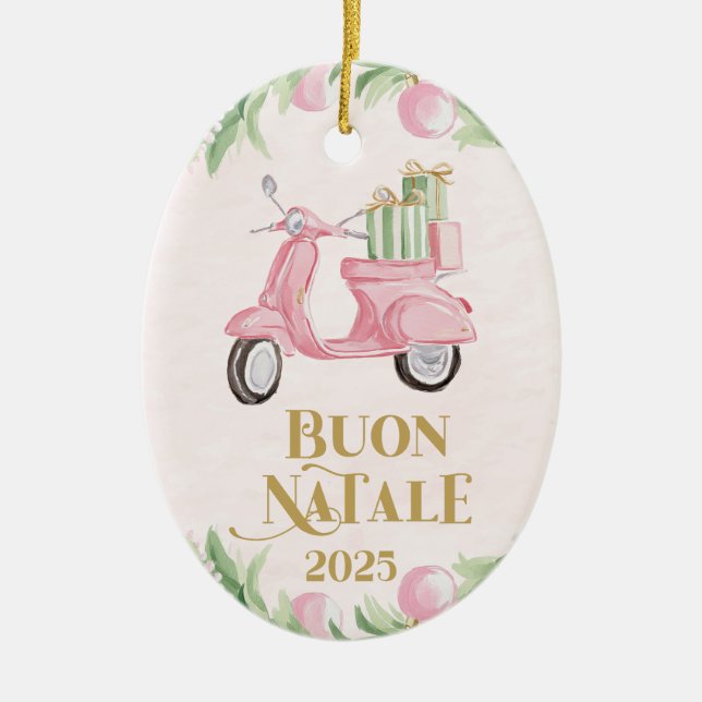 Preppy Pink Moped Buon Natale Christmas Ornament (Front)