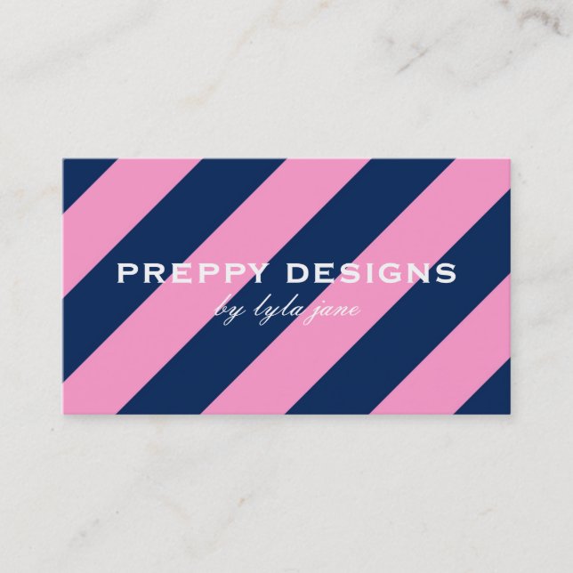 Preppy Pink & Navy Blue Striped Business Card (Front)