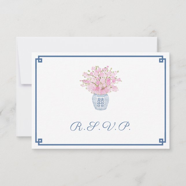 Preppy Pink & Navy Blue Wedding Food Choices RSVP Card (Front)