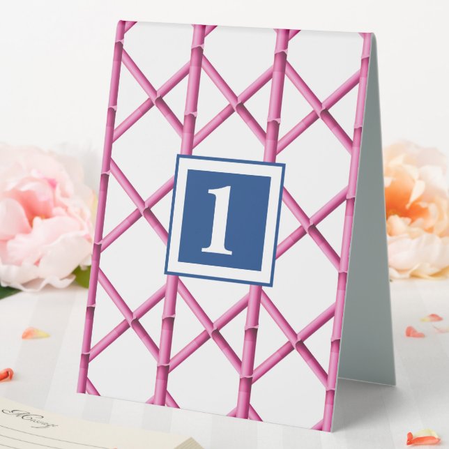 Preppy Pink Navy Trellis Bamboo Pattern Monogram (In SItu (Wedding))