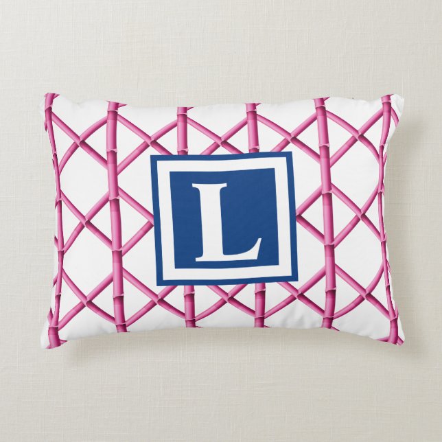 Preppy Pink Navy Trellis Bamboo Pattern Monogram Decorative Cushion (Front)
