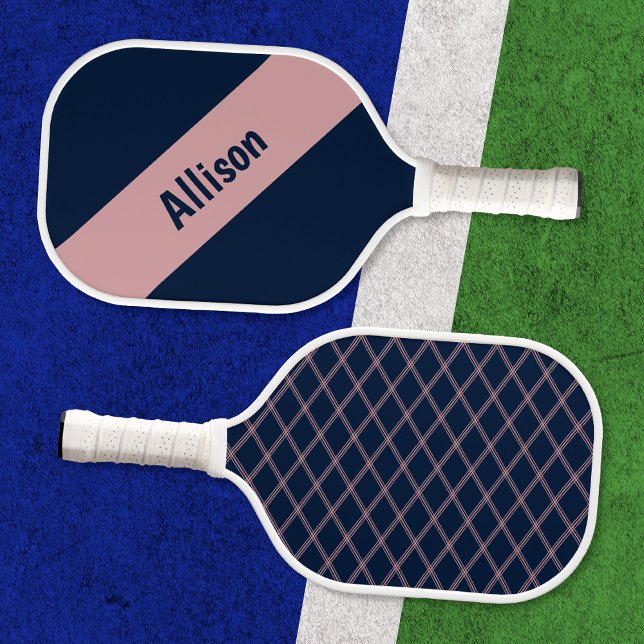 Preppy Pink on Navy Pickleball Paddle with Name (Front and back view on Pickleball court)