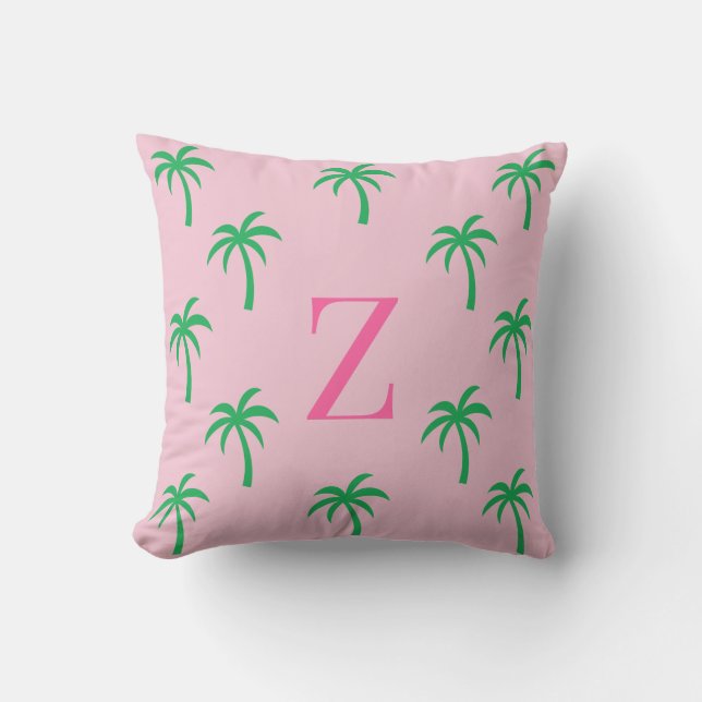 Preppy Pink Palm Tree Monogram Pillow (Front)