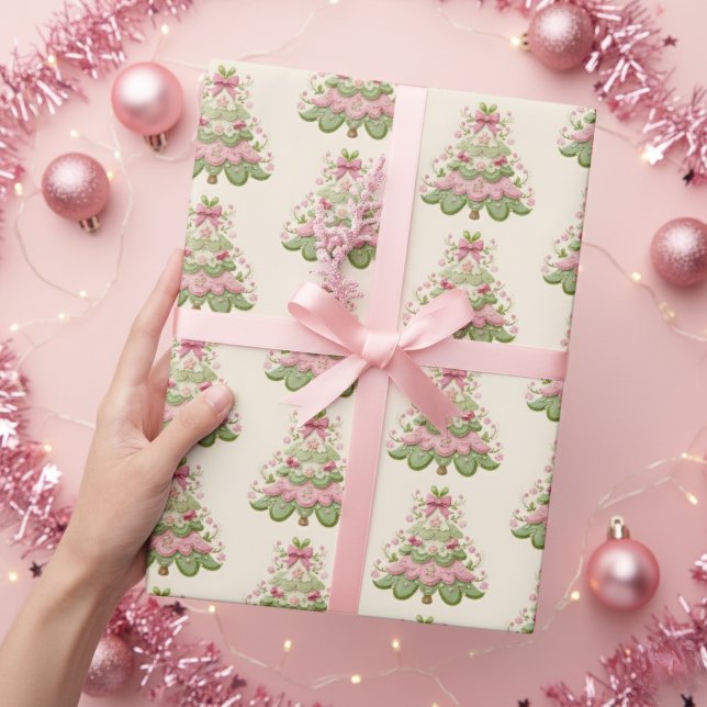 Preppy Pink Pastel Christmas Tree  Wrapping Paper (Creator Uploaded)