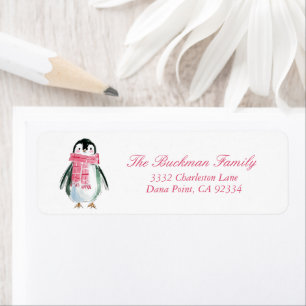 Preppy Pink Penguin Elegant Christmas Address Return Address Label