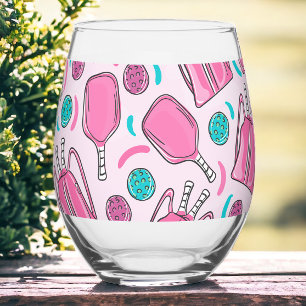 Preppy Pink Pickleball Paddles & Bags Stemless Wine Glass