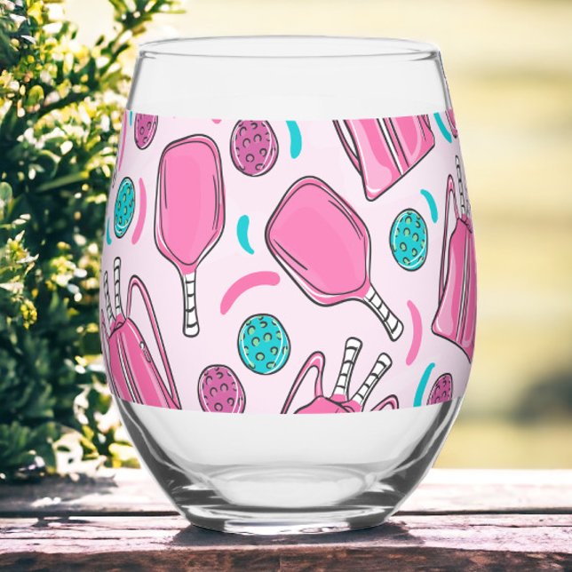 Preppy Pink Pickleball Paddles & Bags  Stemless Wine Glass (Creator Uploaded)