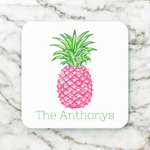 Preppy Pink Pineapple Personalised Square Paper Coaster