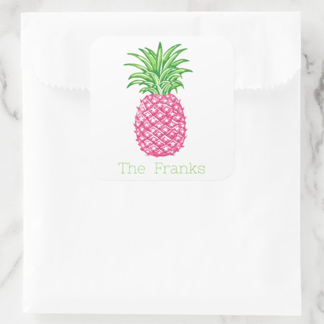 Preppy Pink Pineapple Stars Personalised  Square Sticker (Bag)