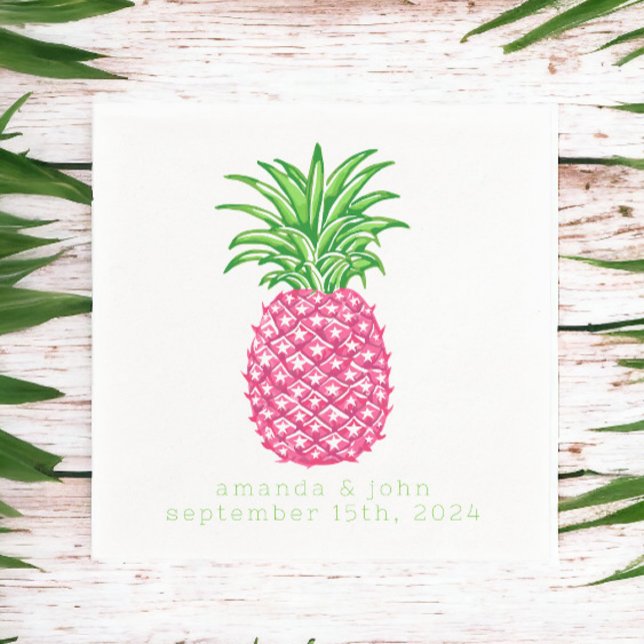 Preppy Pink Pineapple Stars Personalised Wedding  Napkin (Creator Uploaded)