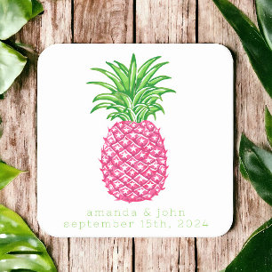 Preppy Pink Pineapple Stars Personalised Wedding Square Paper Coaster
