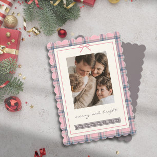Preppy Pink Plaid Bow Family Photo Holiday Card