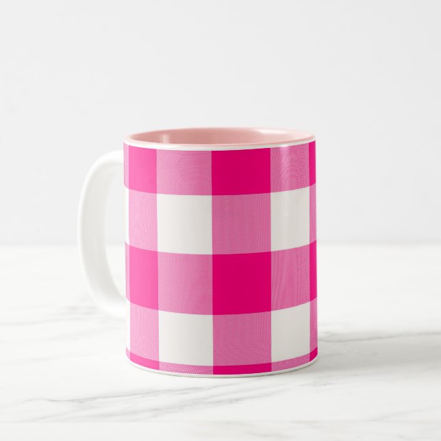Preppy Pink Plaid Cute Gingham Ceramic Two-Tone Coffee Mug (Front Left)