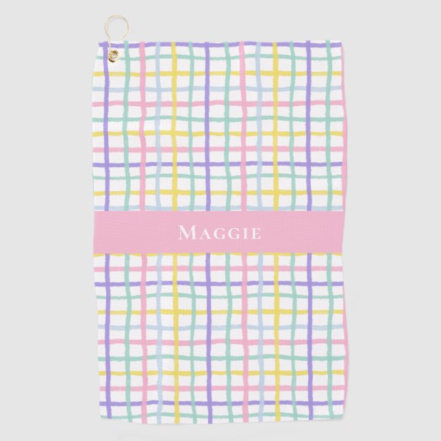 Preppy Pink Plaid Ladies Personalised  Golf Towel (Front)