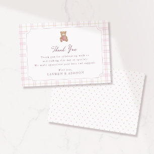 Preppy Pink Plaid Teddy Bear Baby Shower Thank You Announcement