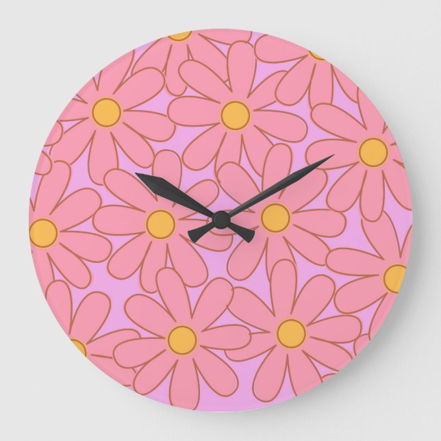Preppy Pink Purple Floral Simple Flower Pattern Large Clock (Front)