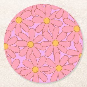 Preppy Pink Purple Floral Simple Flower Pattern Round Paper Coaster