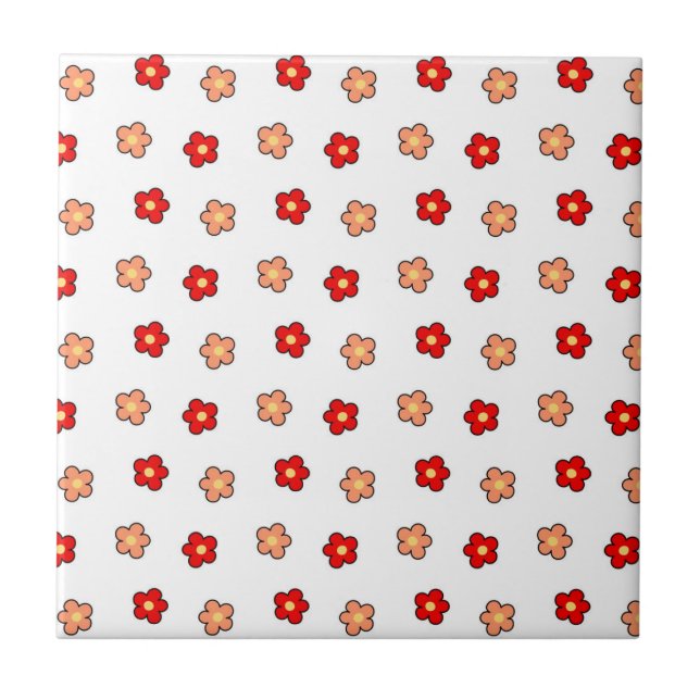 Preppy Pink Red Flower Pattern White Background Ceramic Tile (Front)