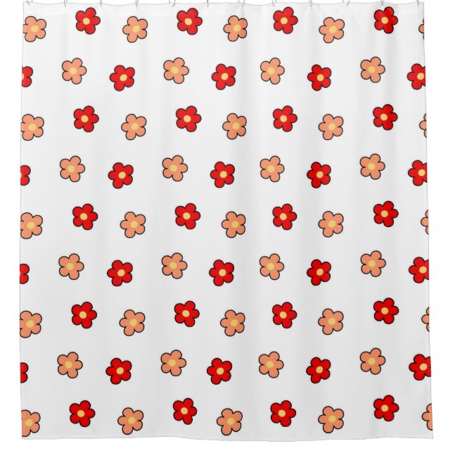 Preppy Pink Red Flower Pattern White Background Shower Curtain (Front)