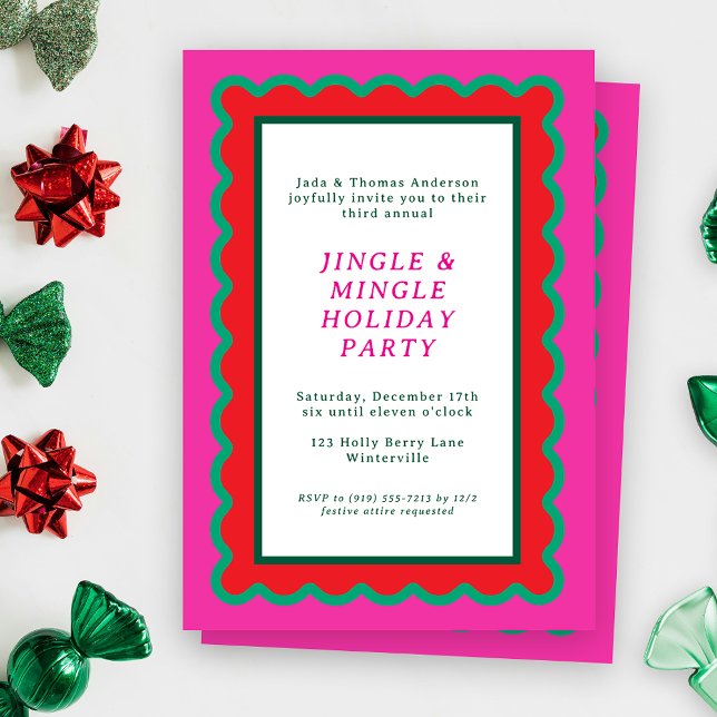 Preppy Pink Red Green Simple Scalloped Christmas Invitation (A scalloped holiday party invitation feel preppy, bold and bright in hot pink, red, and green)