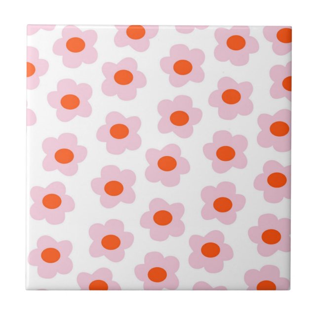 Preppy Pink Red Hippie Flower Pattern Ceramic Tile (Front)