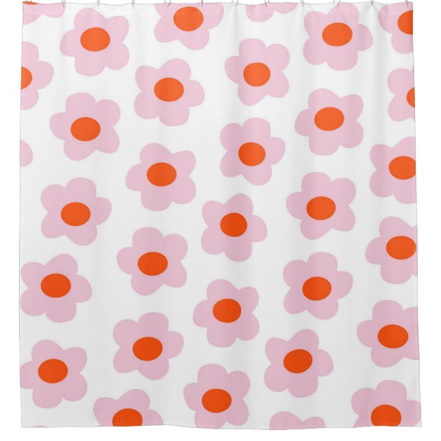Preppy Pink Red Hippie Flower Pattern Shower Curtain (Front)