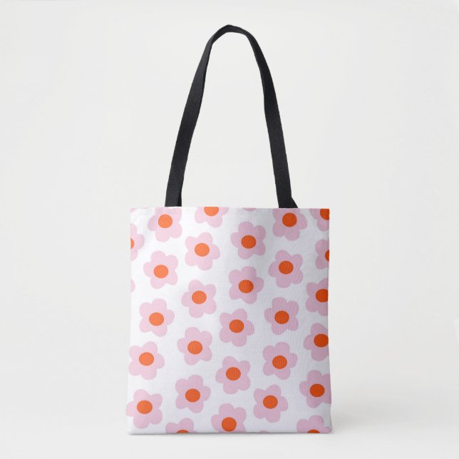 Preppy Pink Red Hippie Flower Pattern Tote Bag (Front)