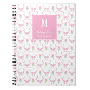 Preppy Pink Ribbon Trellis with Roses Monogram Notebook