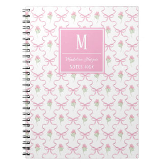 Preppy Pink Ribbon Trellis with Roses Monogram Notebook