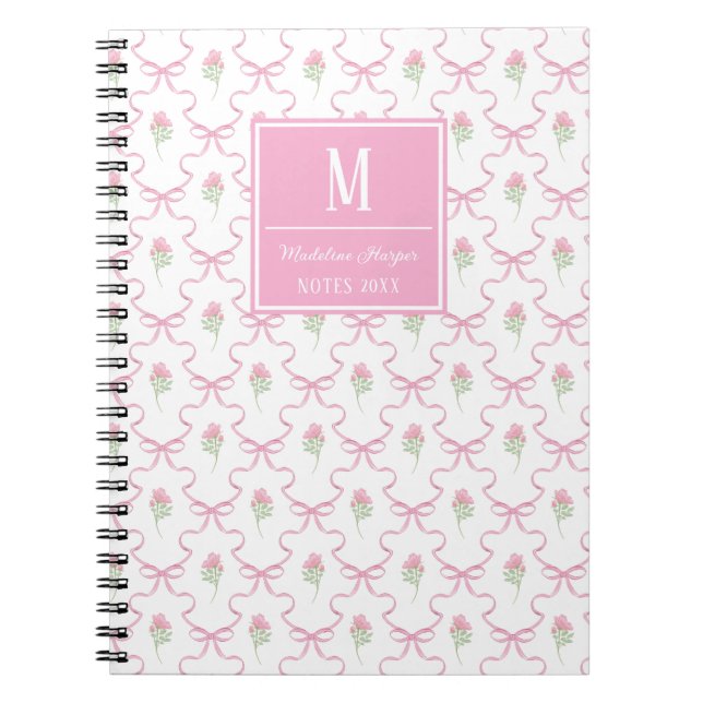 Preppy Pink Ribbon Trellis with Roses Monogram Notebook (Front)