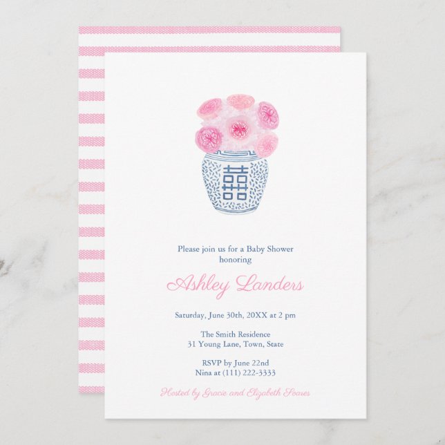 Preppy Pink Roses Ginger Jar Girl Baby Shower Invi Invitation (Front/Back)