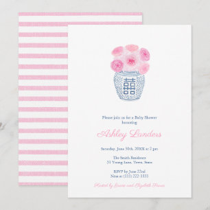 Preppy Pink Roses Ginger Jar Girl Baby Shower Invi Invitation