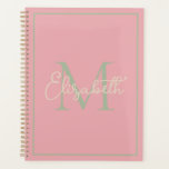 Preppy Pink Sage Green and Cream Monogram Planner<br><div class="desc">This simple and modern calendar planner features a preppy monogram in soft shades of sage green and cream on pink that you can personalise with your choice of name and initial.</div>