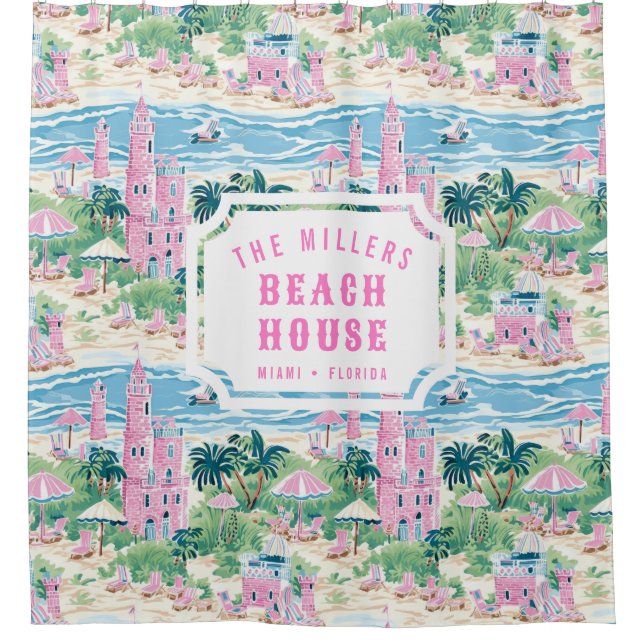 Preppy Pink Sand Castle | Beach House Shower Curtain (Front)