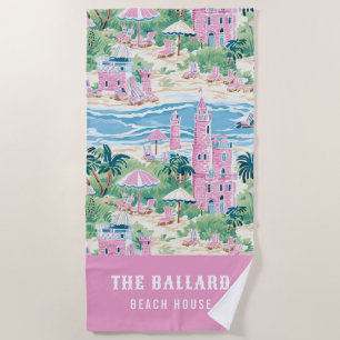 Preppy Pink Sand Castle Beach House Towel
