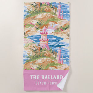Preppy Pink Sand Castle on a Hill Beach House Towel