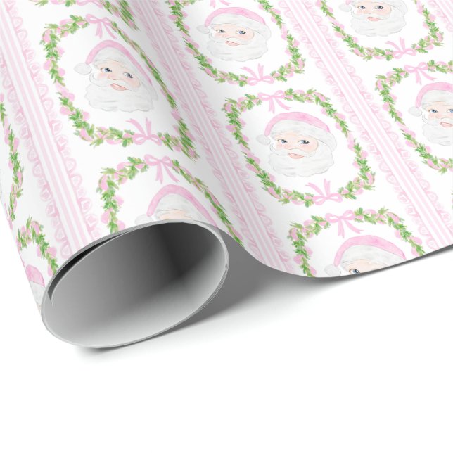 Preppy Pink Santa bows Christmas grandmillennial  Wrapping Paper (Roll Corner)
