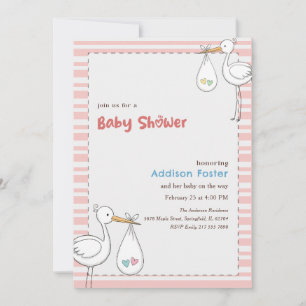 Preppy Pink Stripe Stork Girl Baby Shower Invitation