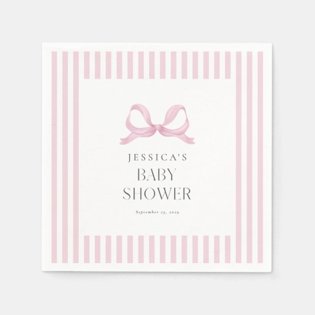 Preppy Pink Striped Bow Baby Shower Napkins (Front)