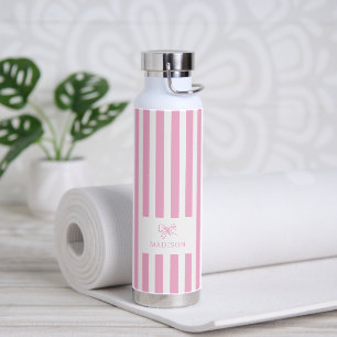 Preppy Pink Stripes & Bow Custom Name Water Bottle