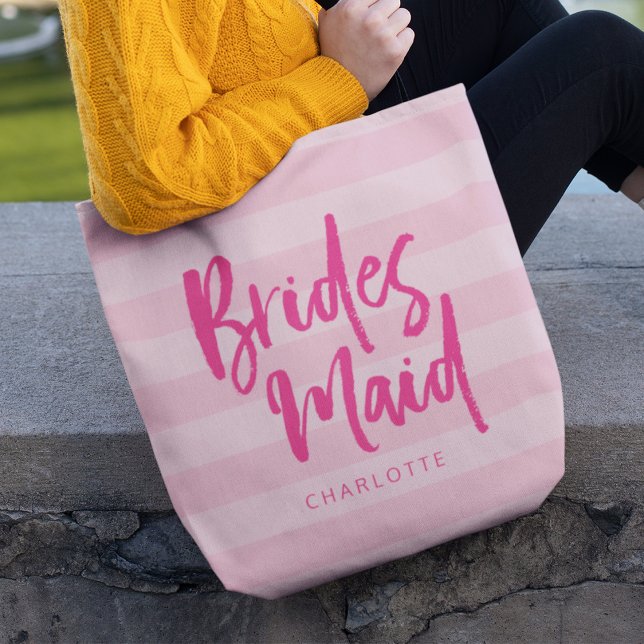 Preppy Pink Stripes Brush Script Bridesmaid Tote Bag (Creator Uploaded)