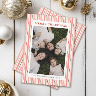 Preppy Pink Stripes Family Photo Collage Christmas Holiday Card