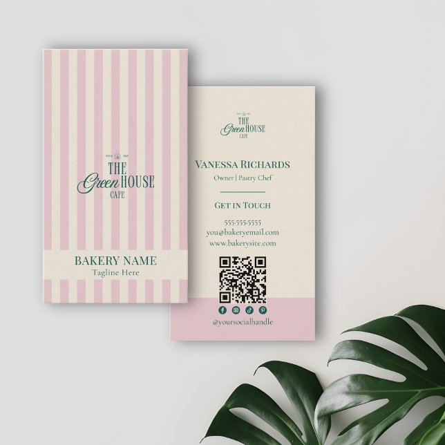 Preppy Pink Stripes Green Bakery Logo QR Code  Business Card (Creator Uploaded)