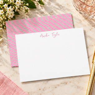 Preppy Pink Stripes Personalised Name Stationery Card