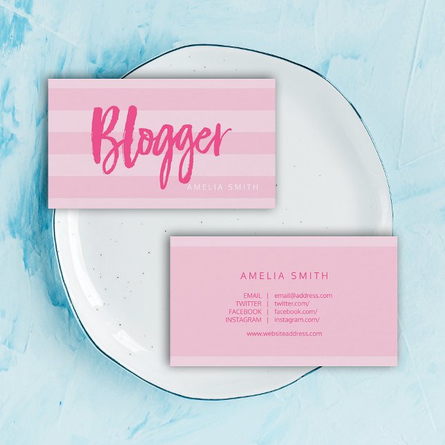 Preppy Pink Stripes Script Blogger Social Media Business Card (Creator Uploaded)